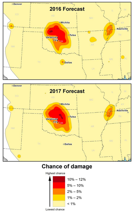 USGS maps comparing forecasted damage from natural or human-induced earthquake in Oklahoma in 2016 and 2017.